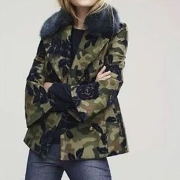 NWT Banana Republic Peacoat Jacket Olive Camo Navy Faux Fur Collar Size XSP New - Picture 4 of 16